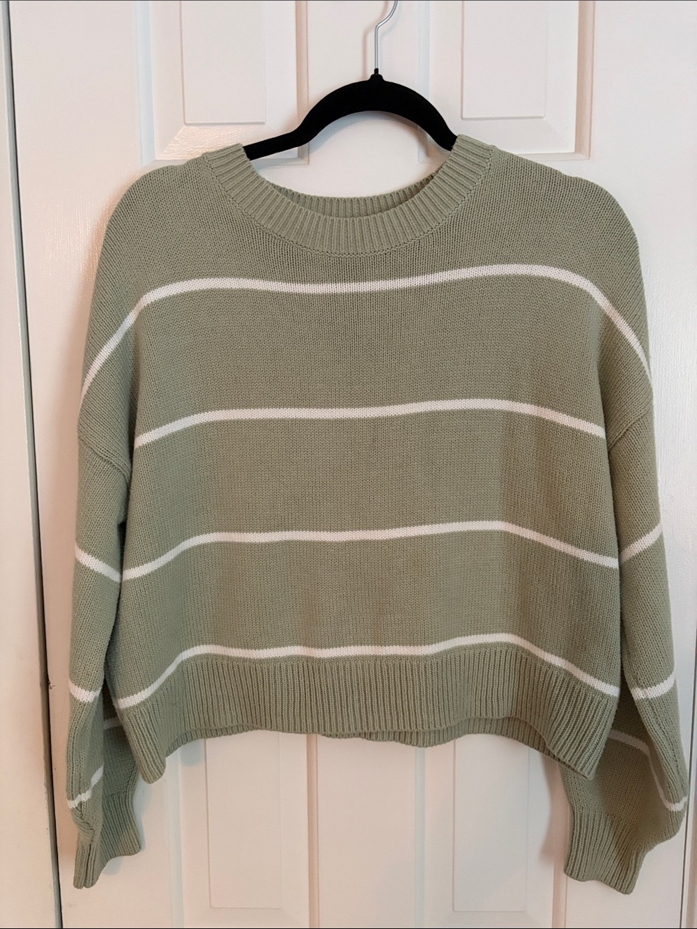 Hollister Sage Green & White Striped Crewneck Sweater